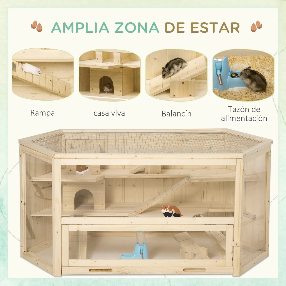 PawHut Jaula de Madera para Hámster 115x60x55 cm Casa para Roedores con 3 Niveles Techo Abatible Bandeja Extraíble Bebedero y 3 Rampas Natural