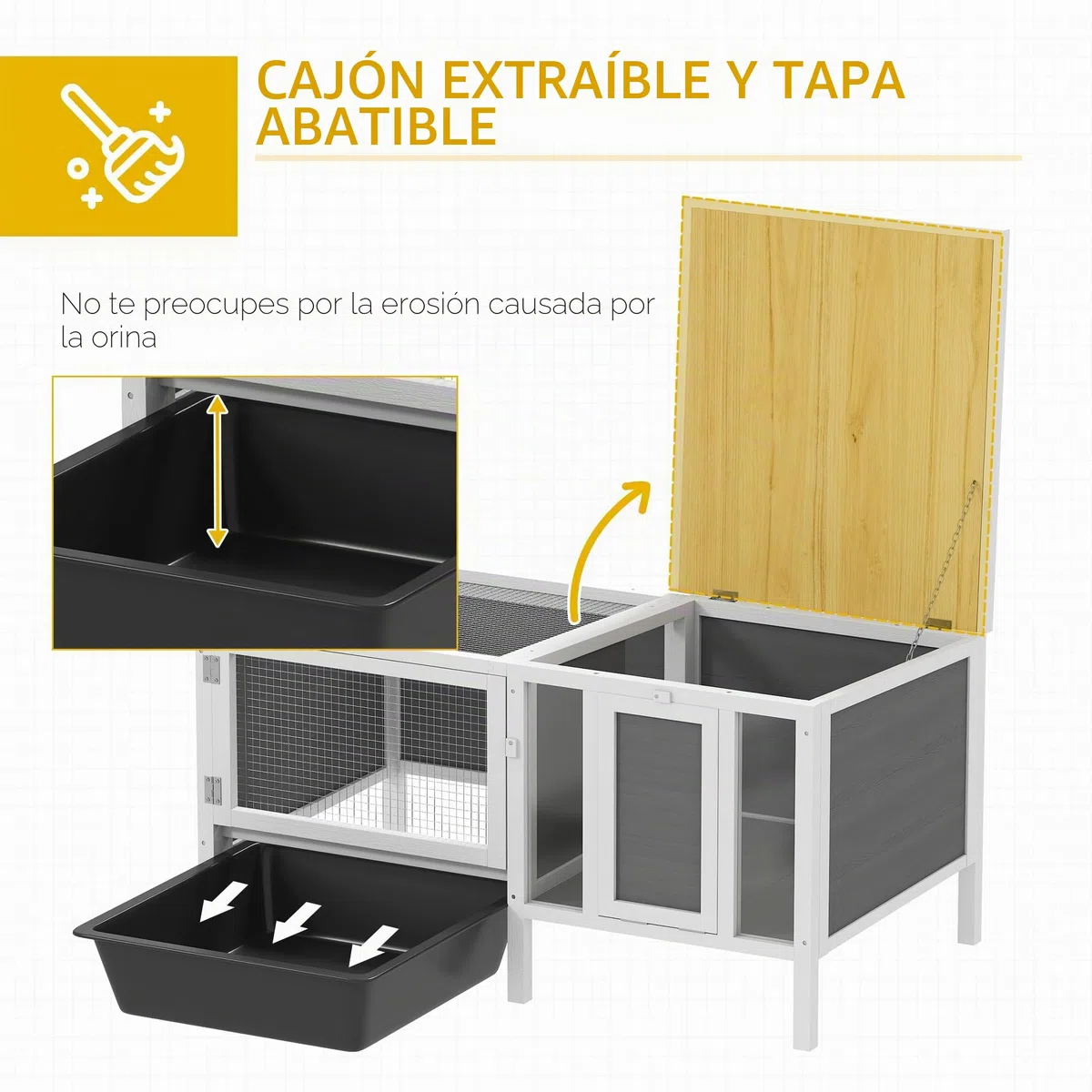 Conejera de Madera PawHut con recinto Libre, rampa, 3 entradas, conejera para Animales pequeños con Techo hidrófugo practicable, Bandeja extraíble, para cobayas 105 x 57,5 x 51,5 cm Gris