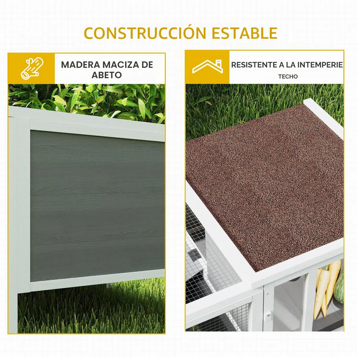 Conejera de Madera PawHut con recinto Libre, rampa, 3 entradas, conejera para Animales pequeños con Techo hidrófugo practicable, Bandeja extraíble, para cobayas 105 x 57,5 x 51,5 cm Gris