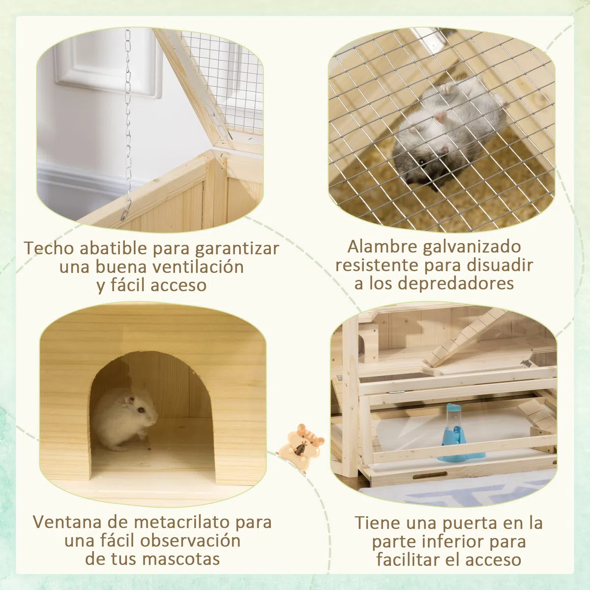 PawHut Jaula de Madera para Hámster 115x60x55 cm Casa para Roedores con 3 Niveles Techo Abatible Bandeja Extraíble Bebedero y 3 Rampas Natural