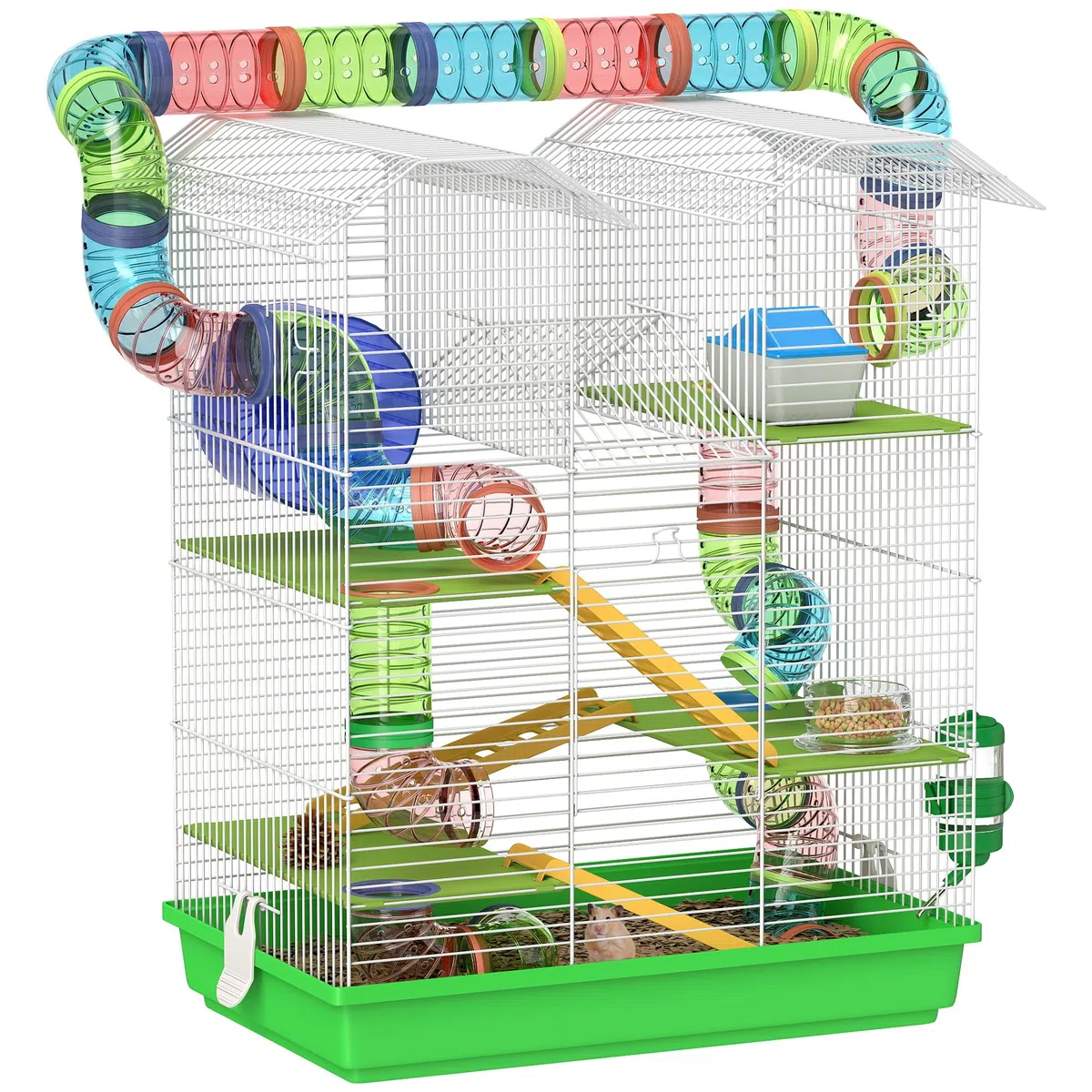 PawHut Jaula para Hámster de 5 Niveles, 47x30x59 cm, Casa para Animales Pequeños con Túnel, Comedero, Bebedero, Casita, Rueda de Ejercicio, Escaleras, para Ratas y Jerbos, Verde
