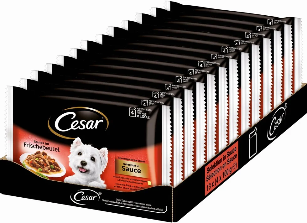 Cesar Comida Húmeda para Perros, Selección Carnes Mixtas en Salsa, Multipack (Pack de 13 x 4 Bolsitas x 100g)