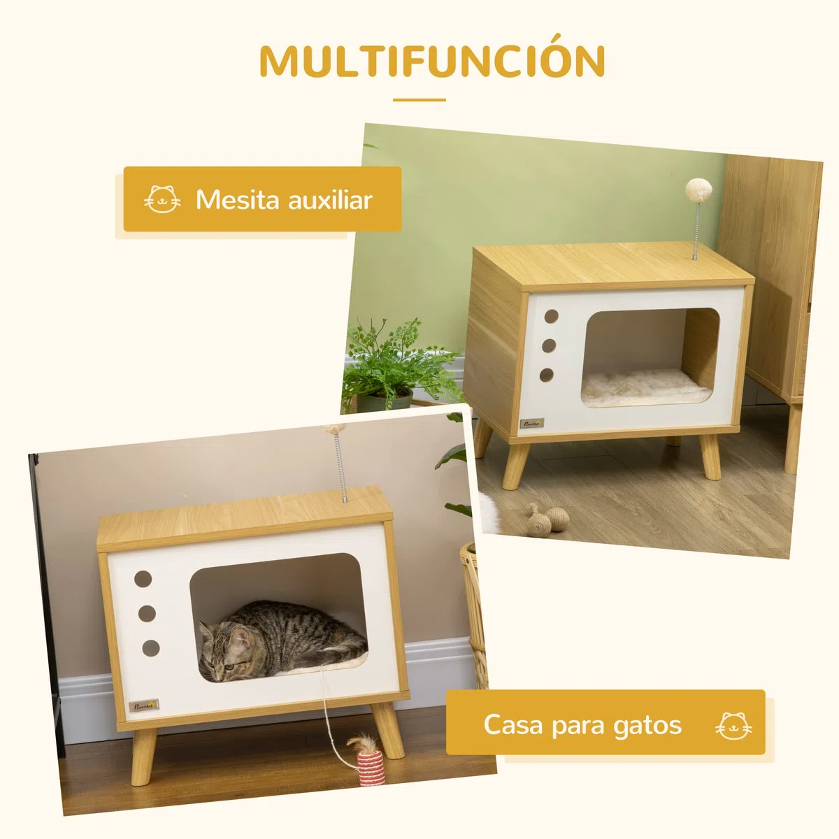 Pawhut Cama Cueva de Gatos Estilo Televisor Casa para Gatos con Cojín Suave Lavable Bola Divertida y Patas Elevadas 50x28x43 cm Roble