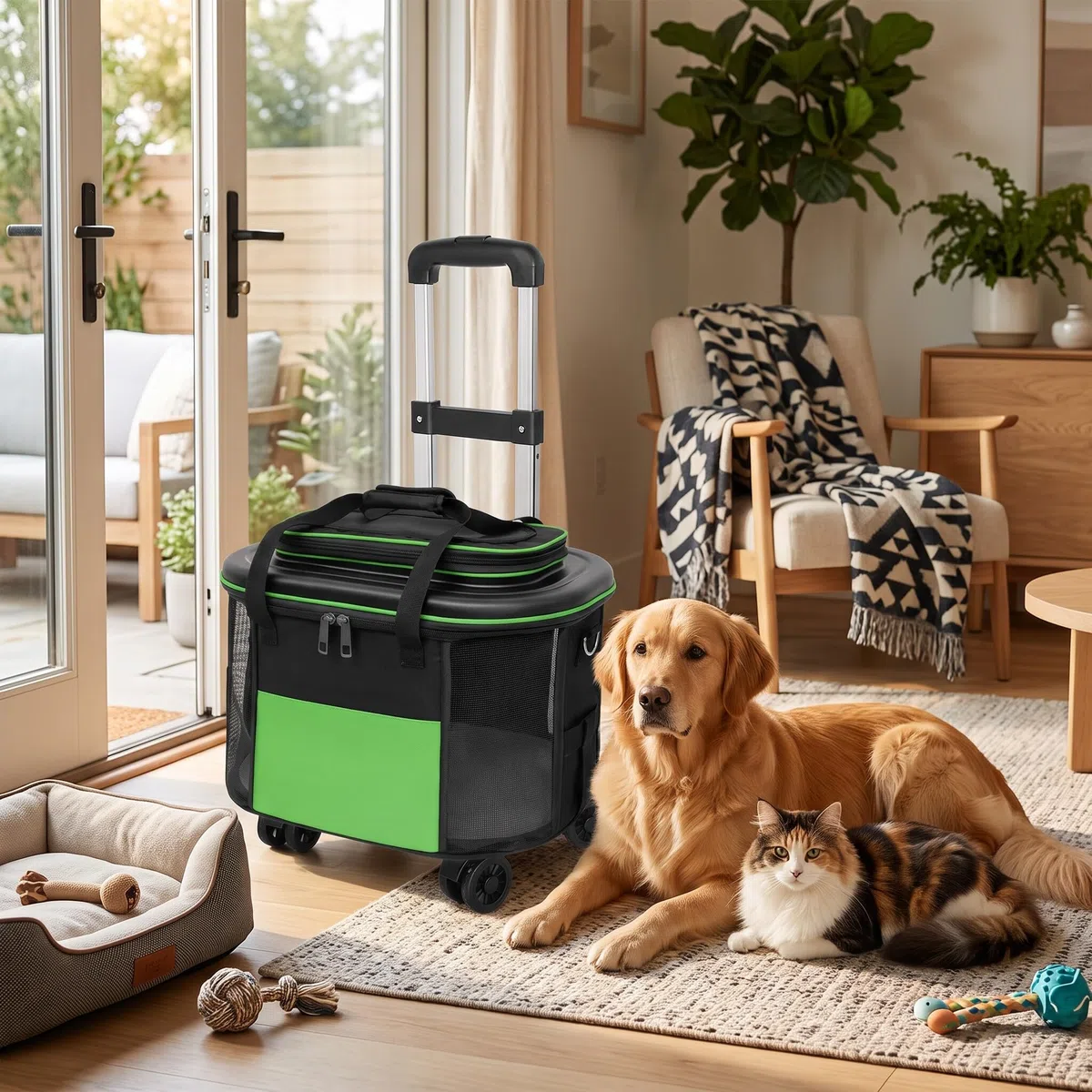 Transportín Portátil para Mascotas con Ruedas para Gatos y Perros con Ruedas para Viajes (Verde)