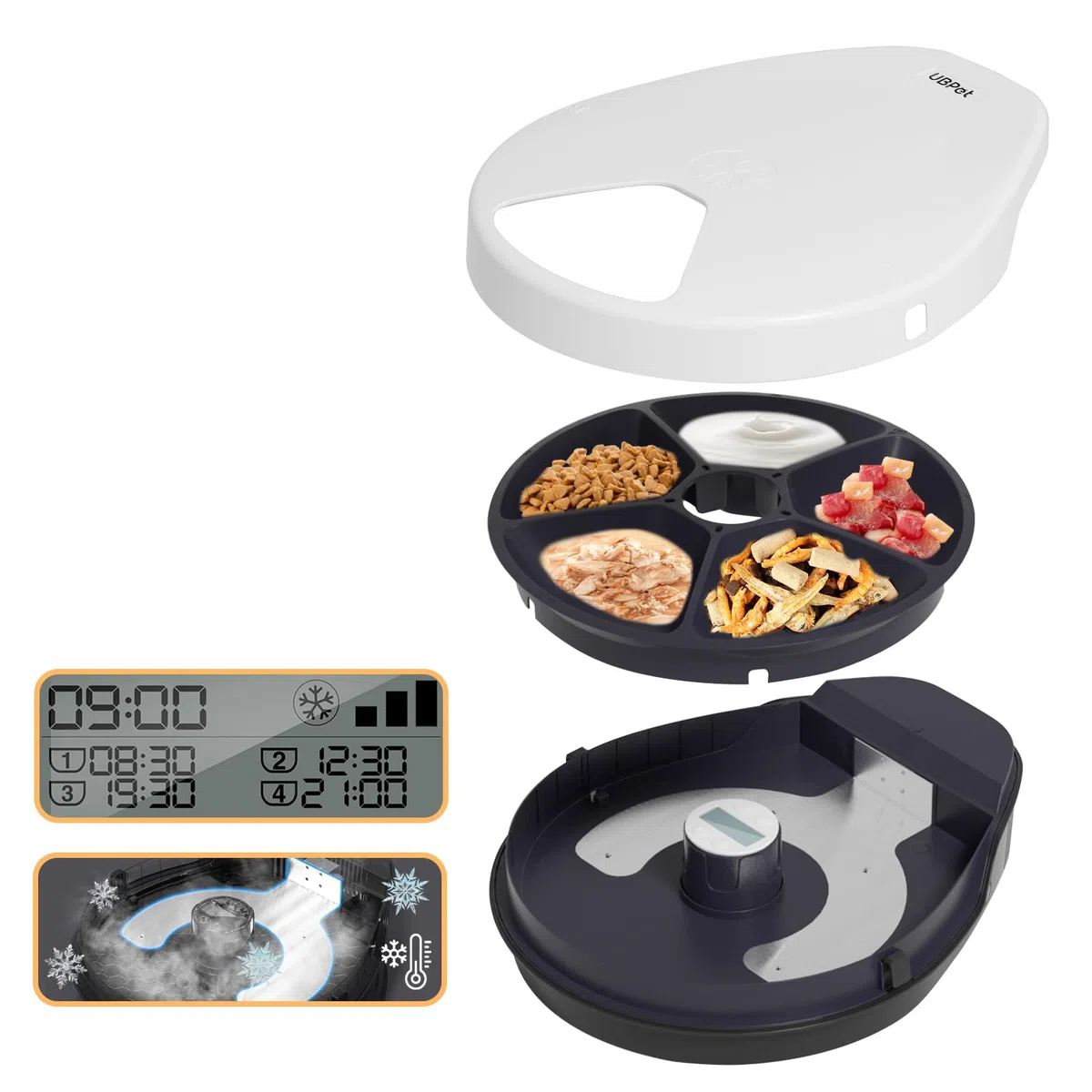 Alimentador automático de Comida húmeda para Gatos con refrigeración, refrigeración semiconductora, con Temporizador, 5 Compartimentos para Alimentos para Mascotas de 330 g Cada uno, Platos de Comida