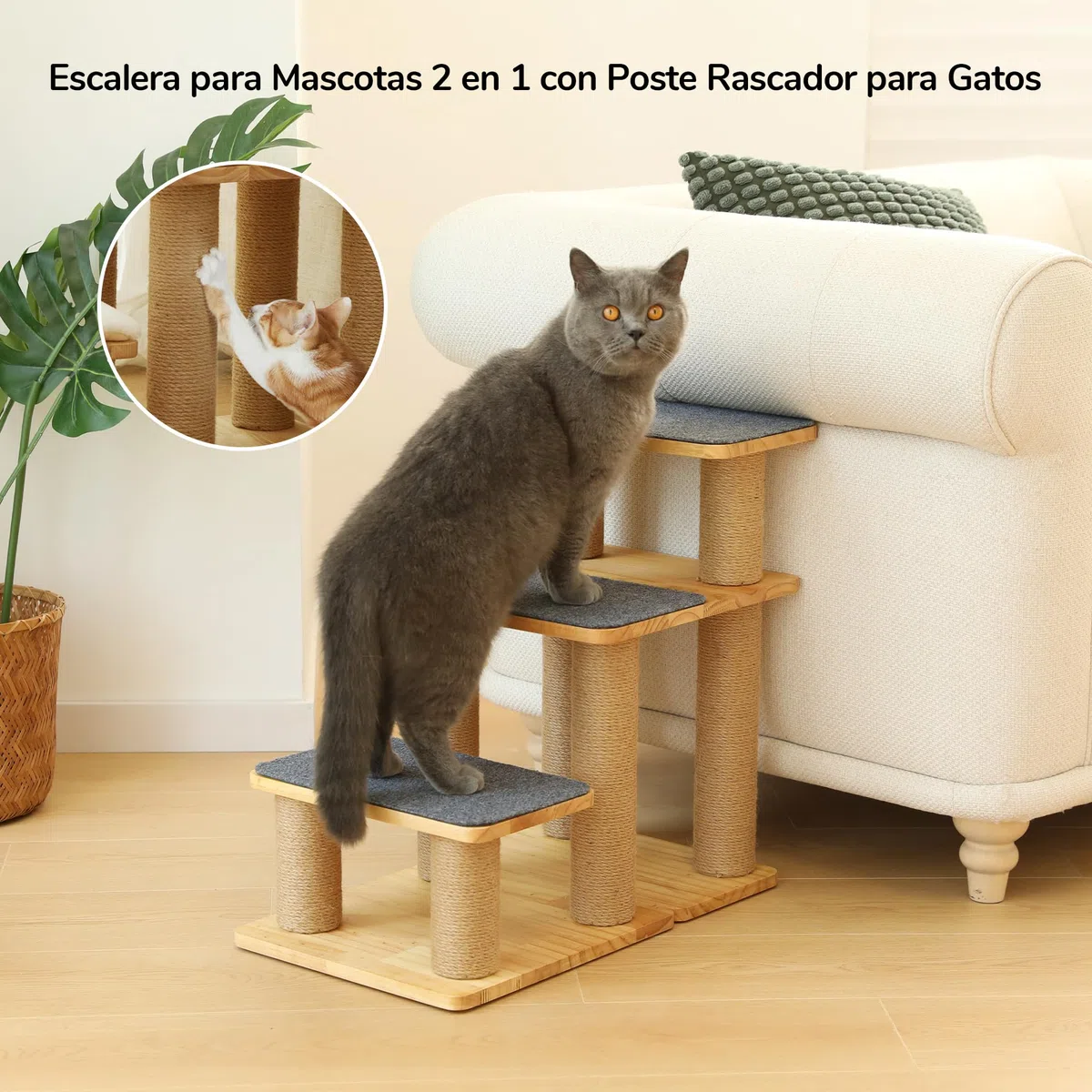 FUKUMARU Escalera para Perros, 3 peldaños para Mascotas de Madera de Pino y Yute, Altura Ajustable de 18 a 51 cm, soporta hasta 90 kg, 6 Combinaciones posibles para Subir a Camas y sofás, Gris.