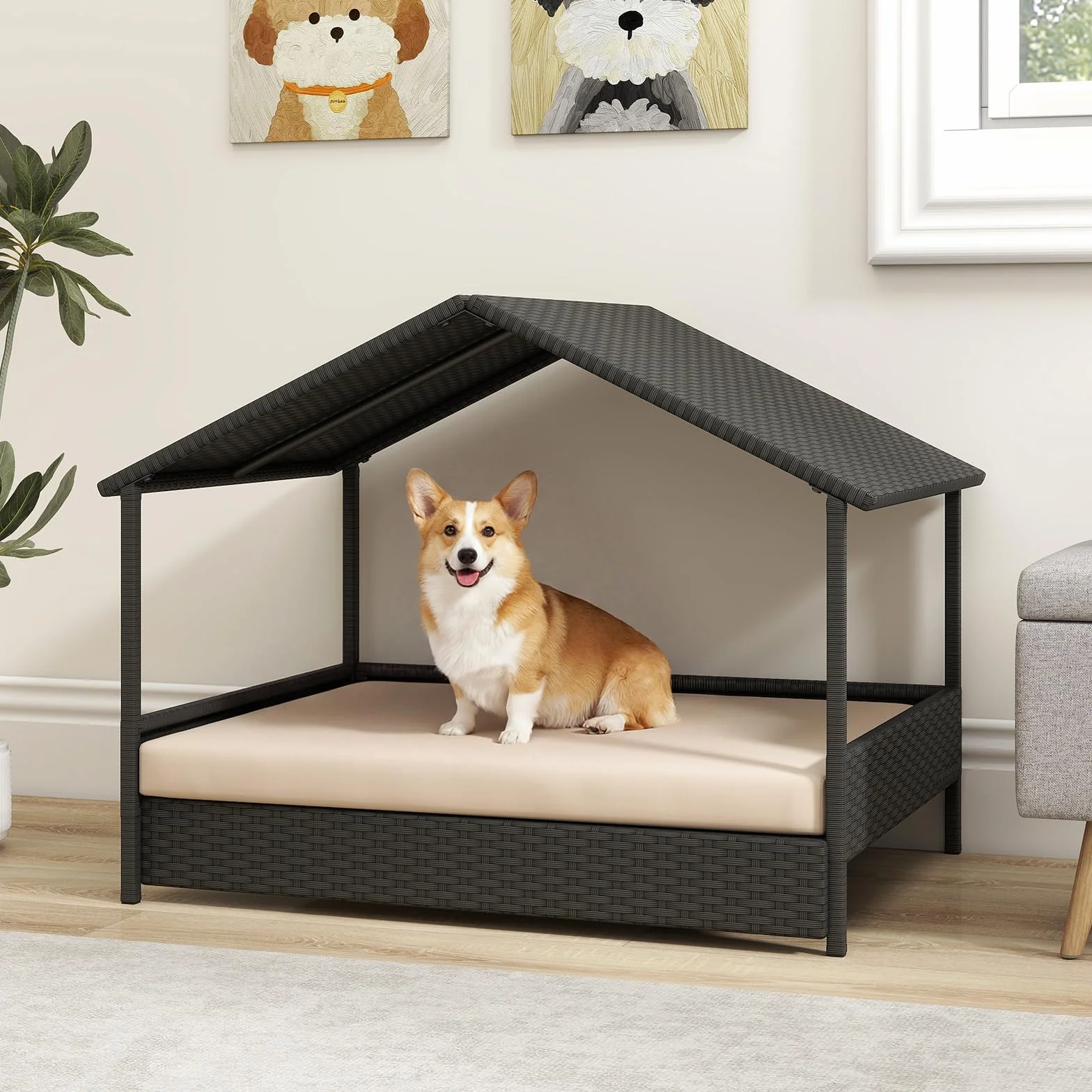 COSTWAY Caseta para Perros Exterior e Interior, Casa Perro de Ratán Grande con Dosel, Base Elevada, Cojín Removible, Estructura Metálica, Cama Elevada para Mascotas, Carga 60 kg, 98x69x74 cm (Beige)