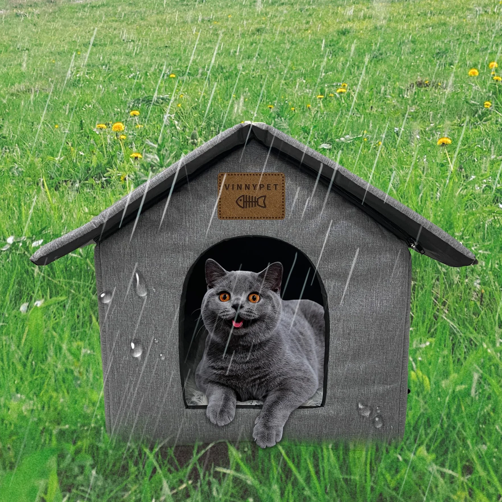 Casa para gatos para exteriores, impermeable, resistente a la intemperie, refugio para mascotas con cojín de felpa para gatos y perros callejeros, 45 x 40 x 45 cm