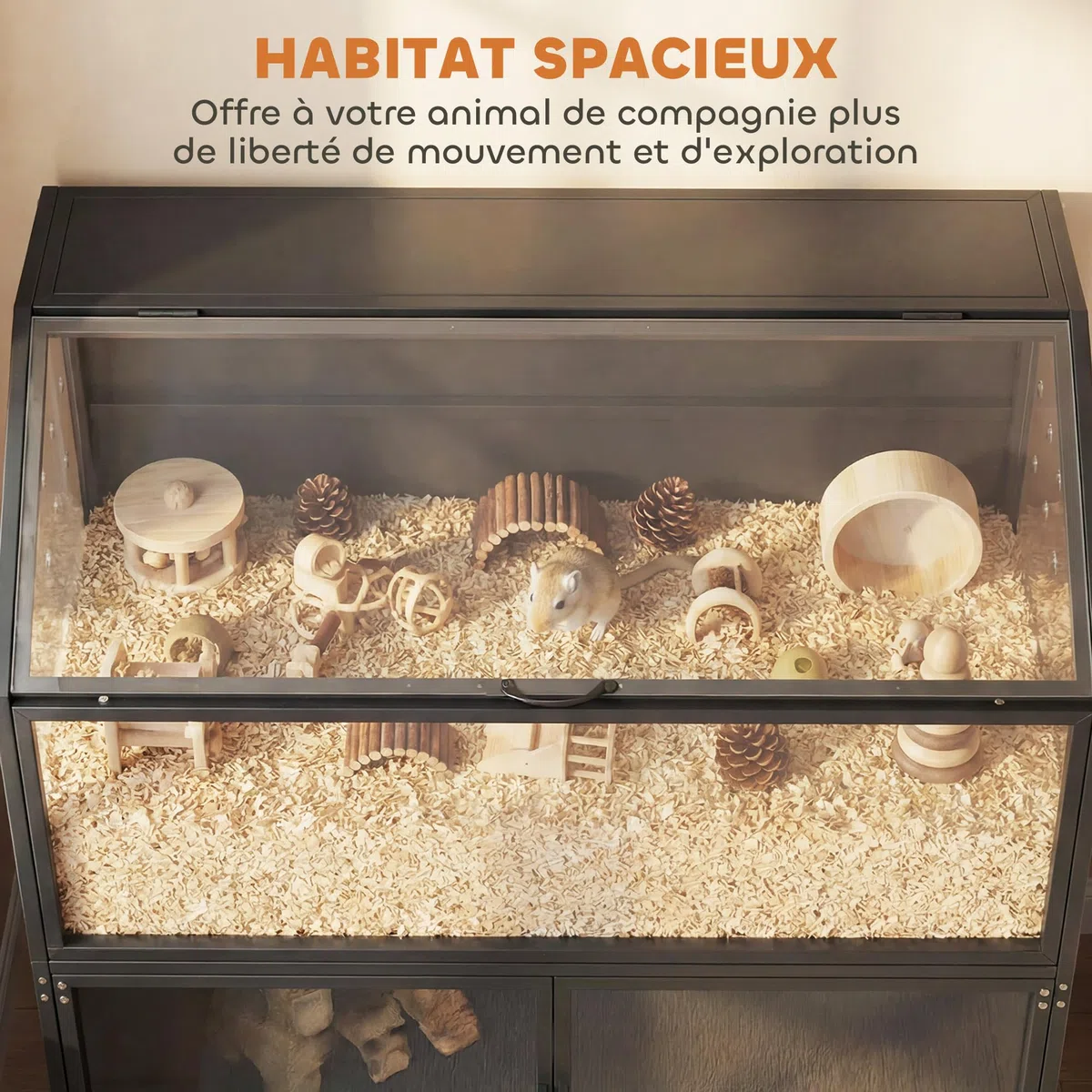 PawHut - Jaula de hámster 2 en 1 con armario de almacenamiento de habitaciones, 104 cm, color negro | Para roedor, acero resistente a las picaduras, acrílico transparente, diseño de jaula grande, para hámster sirio y ratón