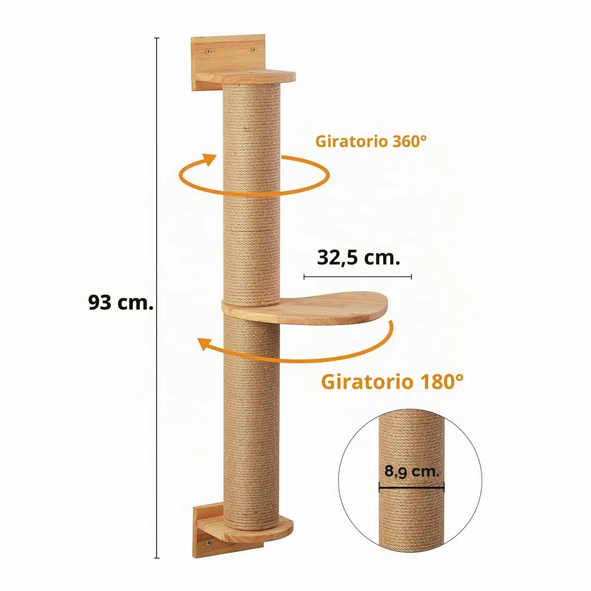 FUKUMARU Árbol para Gatos de 93 cm, Montado en la Pared, Poste Rascador y colchoneta de Yute, árbol Rascador para Gatos Hecho de Madera de Caucho sólida Natural