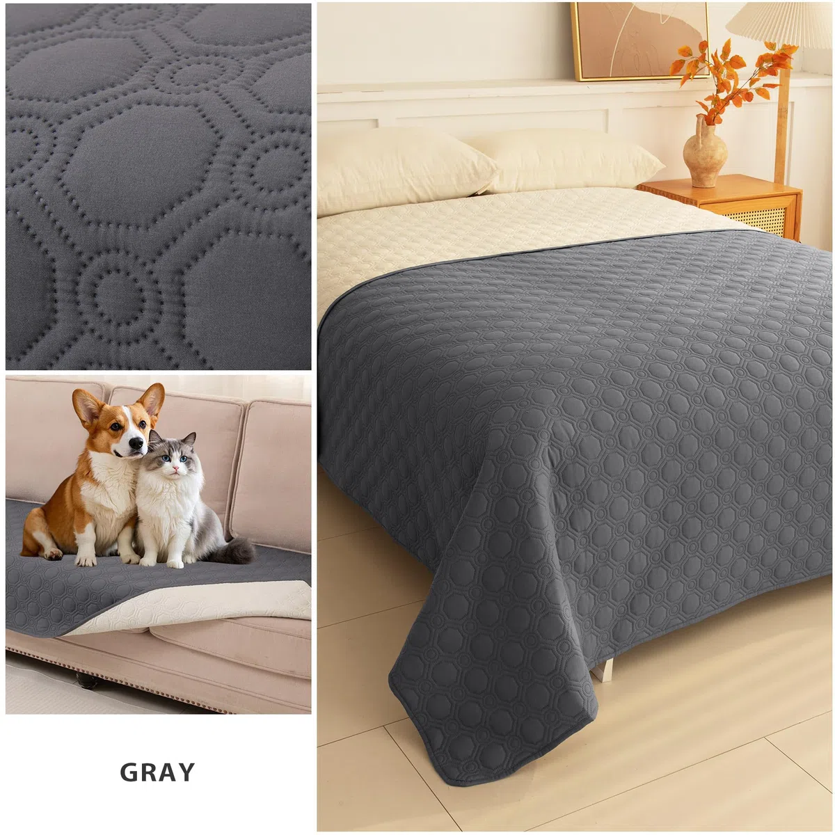 TIANSHU Manta Impermeable Colcha Cama Reversible y Multiusos, Colchoneta Perro Antideslizante y Lavable Cubrecama Ideal para Sofá Cama Bebés y Mascotas (208x259cm, Grau)