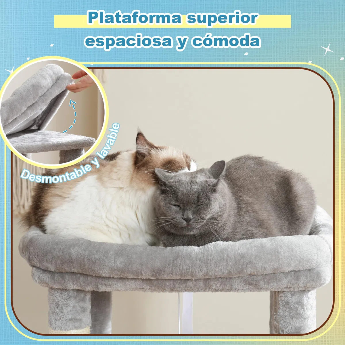 Hey-brother Árbol para Gatos, Rascador para Gatos con una Gran Plataforma, Estructura escalonada, con 2 nidos para Gatos, una Hamaca espaciosa, un rascador de sisal y una Cesta, Gris Claro MPJ071W