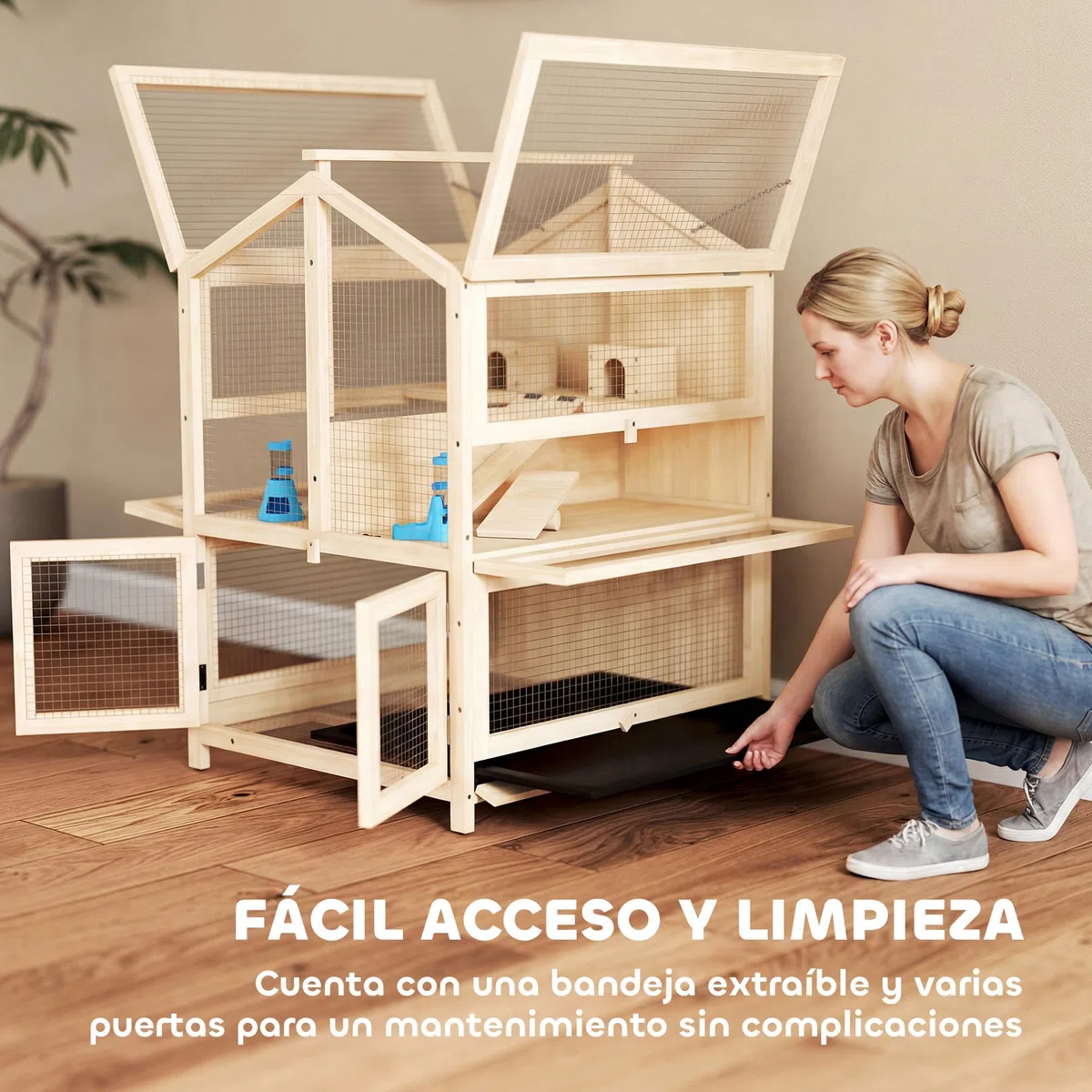 PawHut Jaula para Hámster de Madera de 3 Niveles 68x61,5x90 cm Natural | Casa para Hámster de Madera con Bebederos, Casetas, Balancines, Rampas, Bandeja Extraíble, Tapas Abatibles
