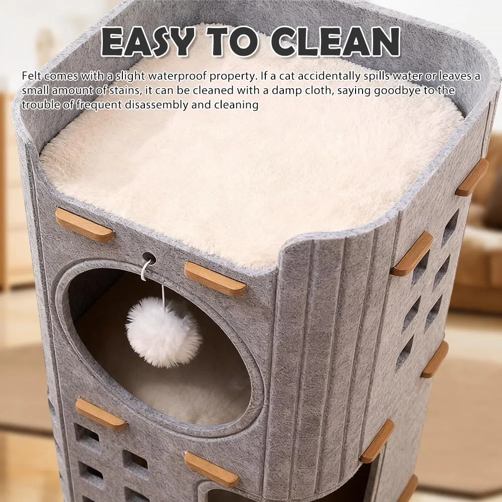 Cueva para gatos de fieltro de 3 pisos, 90 x 37 x 37 cm, cama para gatos, casa para gatos de interior con pelota de juego, castillo para gatos para jugar, cueva para gatos plegable y cálida para
