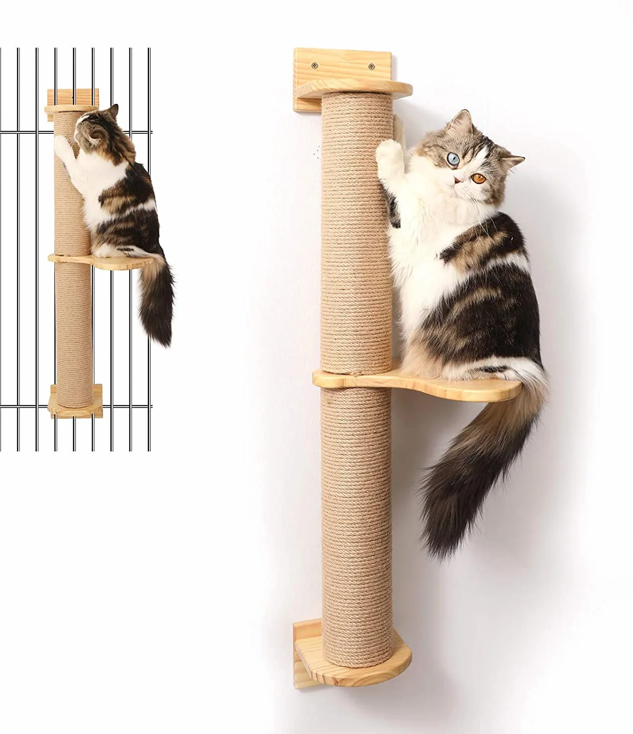 FUKUMARU Árbol para Gatos de 93 cm, Montado en la Pared, Poste Rascador y colchoneta de Yute, árbol Rascador para Gatos Hecho de Madera de Caucho sólida Natural