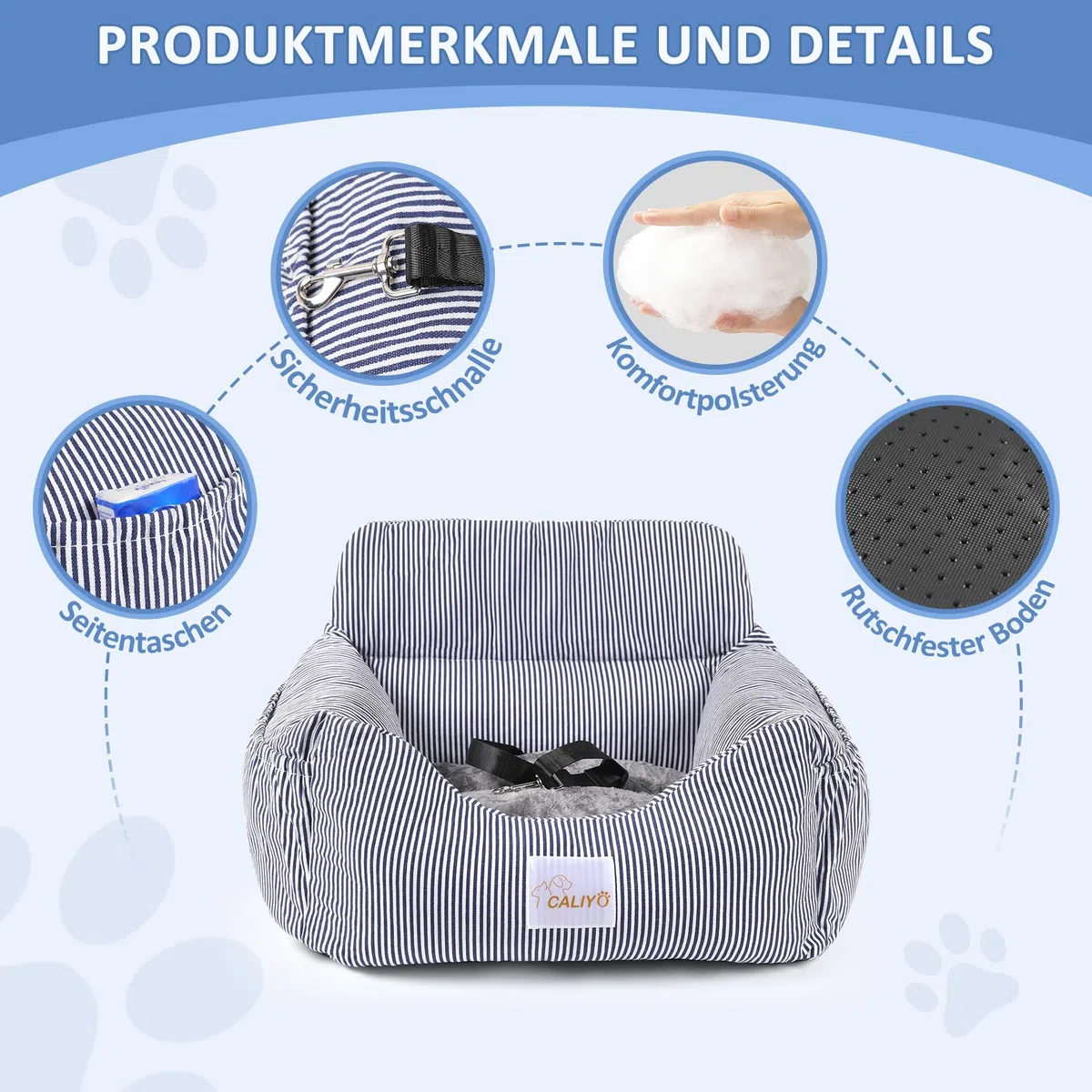 CALIYO Asiento de Coche para Perros, cinturón de Seguridad – Asiento de Coche Lavable en Azul/Blanco para Perros pequeños, medianos y Grandes, Asiento Trasero de Coche, Cama para Perros, Cesta para