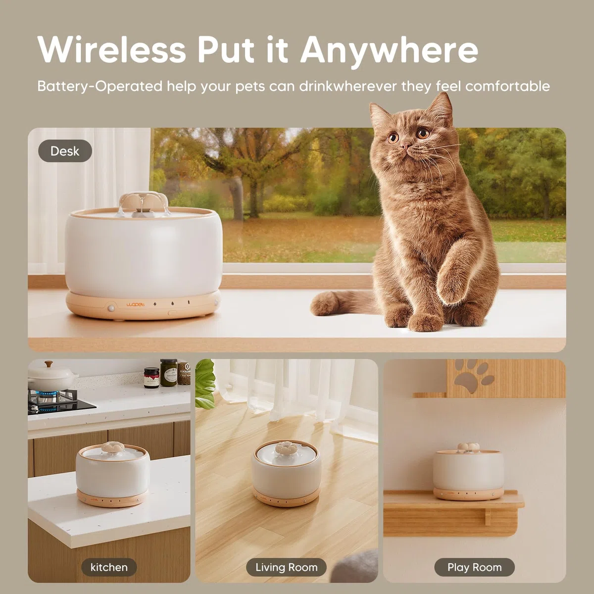 WOPET Fuente de agua inalámbrica para gatos, elegante fuente de agua de cerámica para mascotas de 3L/103 onzas, dispensador de agua para gatos y perros, funciona con pilas de 5000 mAh, ultra