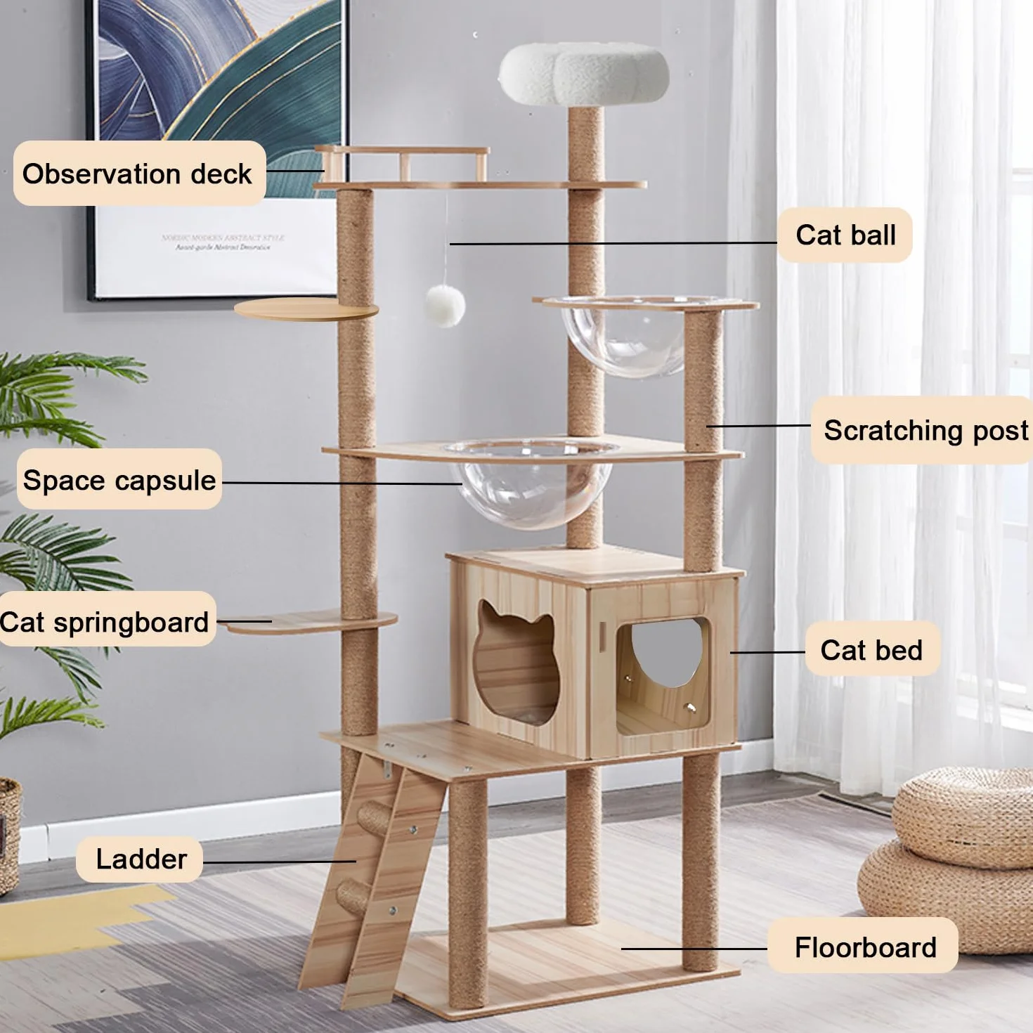 Cat Árbol Rascador para Gatos Grande de 170 cm con 2 Cápsulas Espaciales, 14 Columna Rascadora, Escalera, Cueva, Juguete para Gatos, Plataformas de Felpa - Rascador para Gatos.