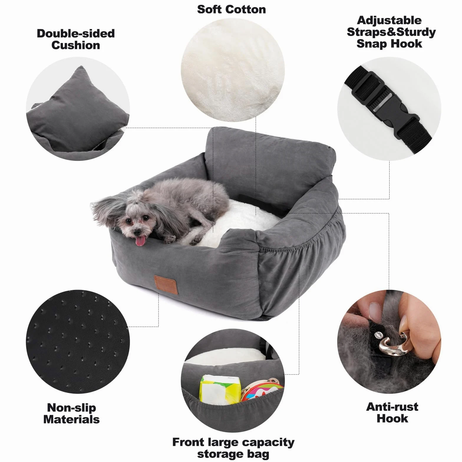 Asiento Perro Coche Pequeño Mediano,Asiento Elevador de Coche para Perros y Gatos,Asiento de Seguridad para Mascotas con Bolsa de Almacenamiento de Arnés, se Puede Desmontar (Gris, Medio)