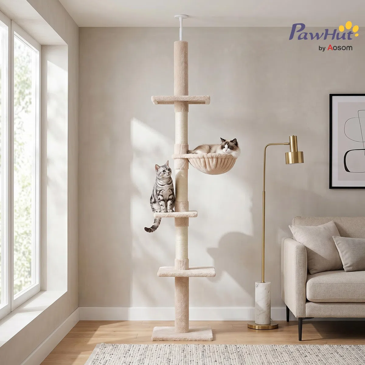 PawHut Árbol para gatos Torre Rascador de Gato de 5 Niveles Fijado al Techo Ajustable en Altura con Múltiples Plataformas Cubierta de Felpa Suave 40x34x230-260 cm Beige
