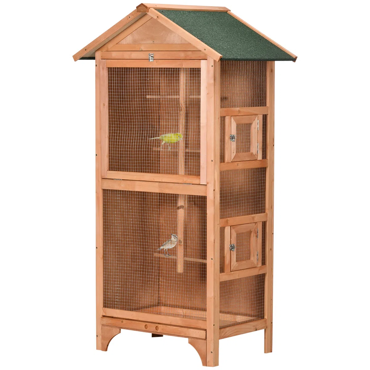 PawHut Jaula para Pájaros de Madera con 3 Puertas 80,5x57x153 cm Natural | 4 Perchas, Bandeja Extraíble, Techo Asfáltico