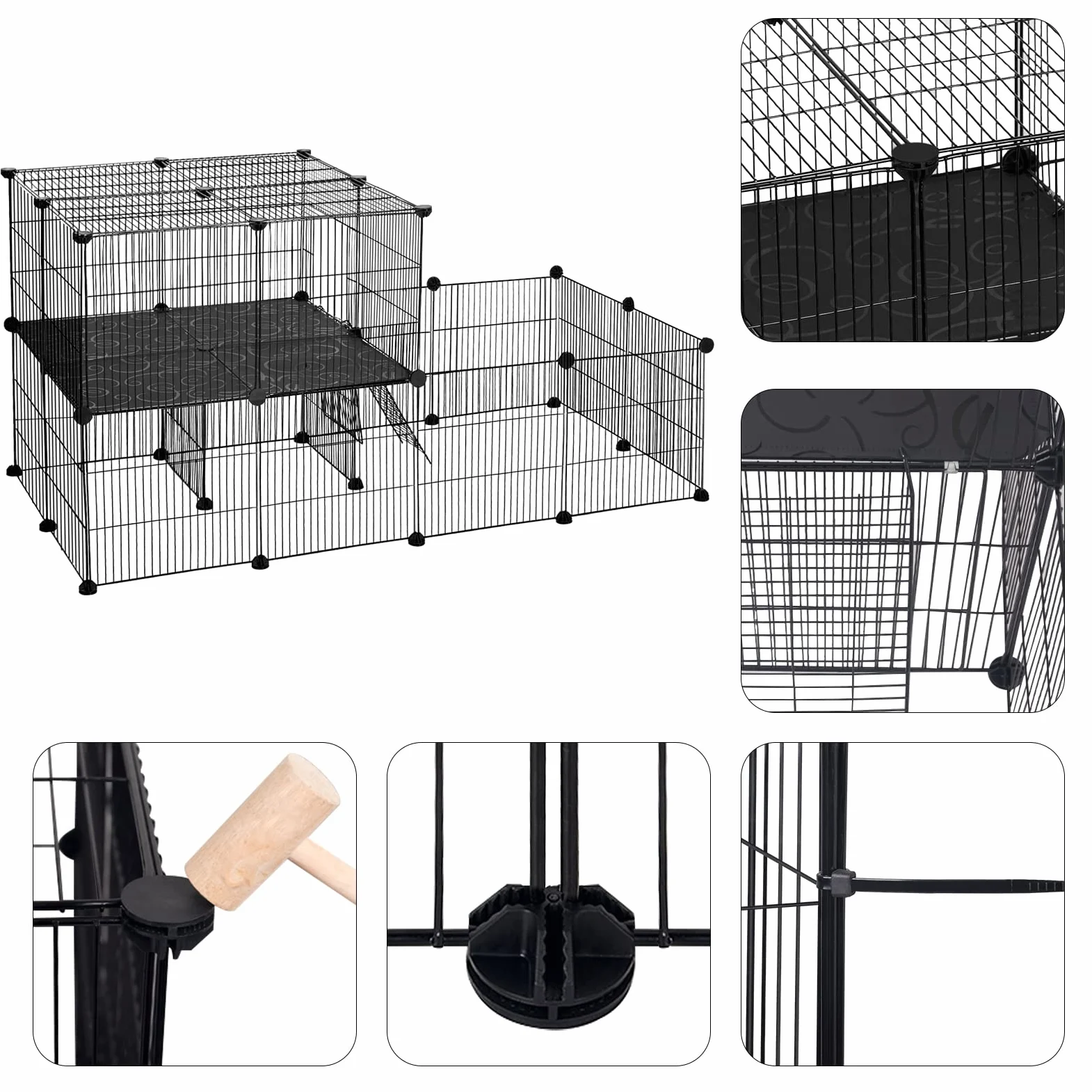 EUGAD Jaula para Animales Pequeños, Parque para Mascotas con Puerta, Valla de Metálica Modulare 30 Paneles, Interior Recinto DIY Parque para Animales Pequeños (35x35cm/panel) Negro 140x70x70cm