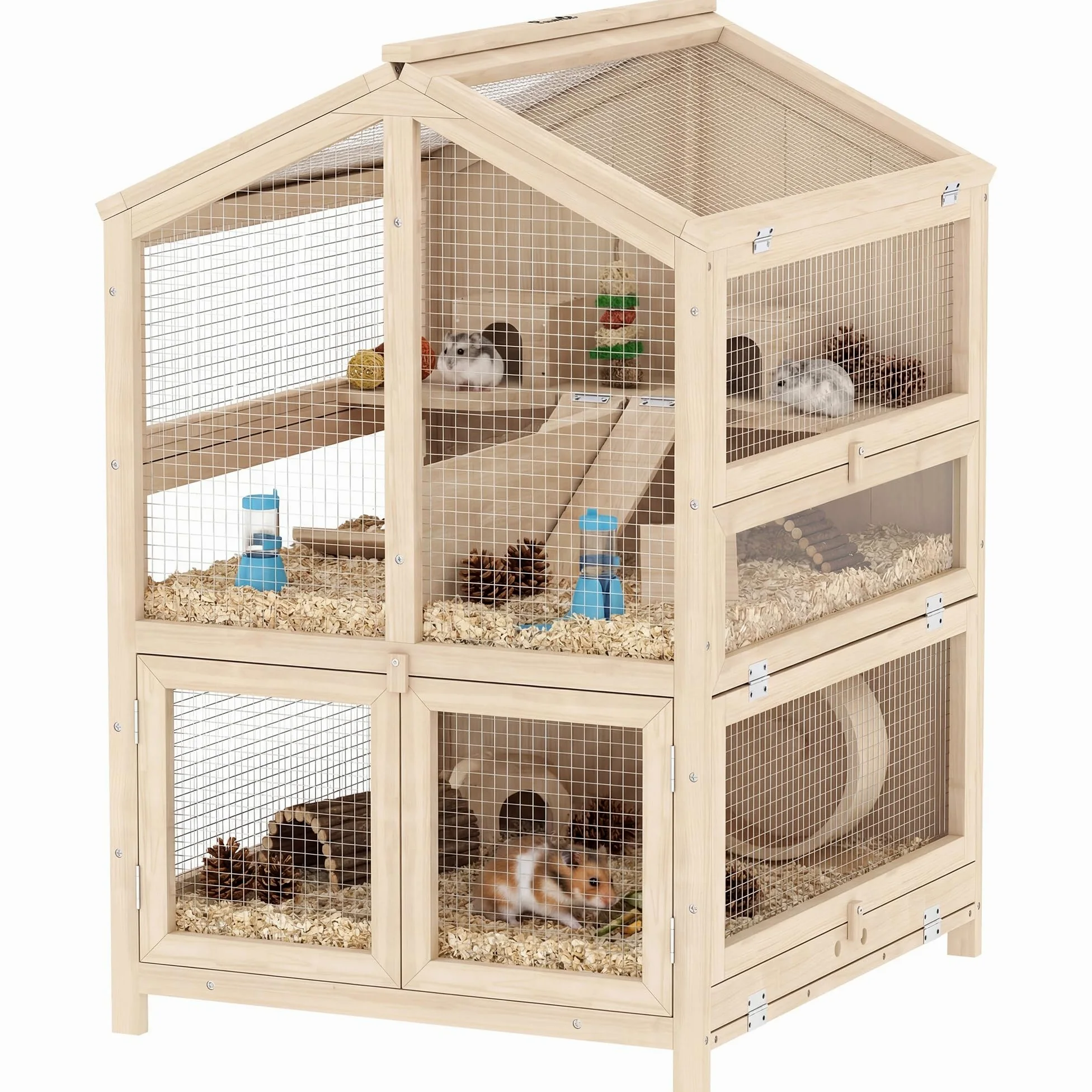 PawHut Jaula para Hámster de Madera de 3 Niveles 68x61,5x90 cm Natural | Casa para Hámster de Madera con Bebederos, Casetas, Balancines, Rampas, Bandeja Extraíble, Tapas Abatibles