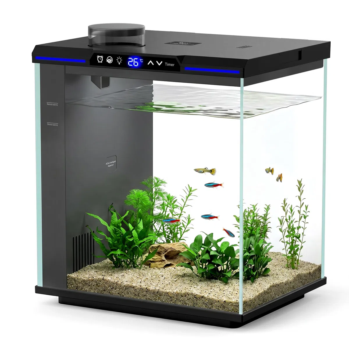 AQQA Kit de iniciación de acuario de 7.88 galones, tanque de peces de vidrio de filtración de 3 etapas, monitor de temperatura en tiempo real, luz LED temporizada de 4 colores, bomba silenciosa