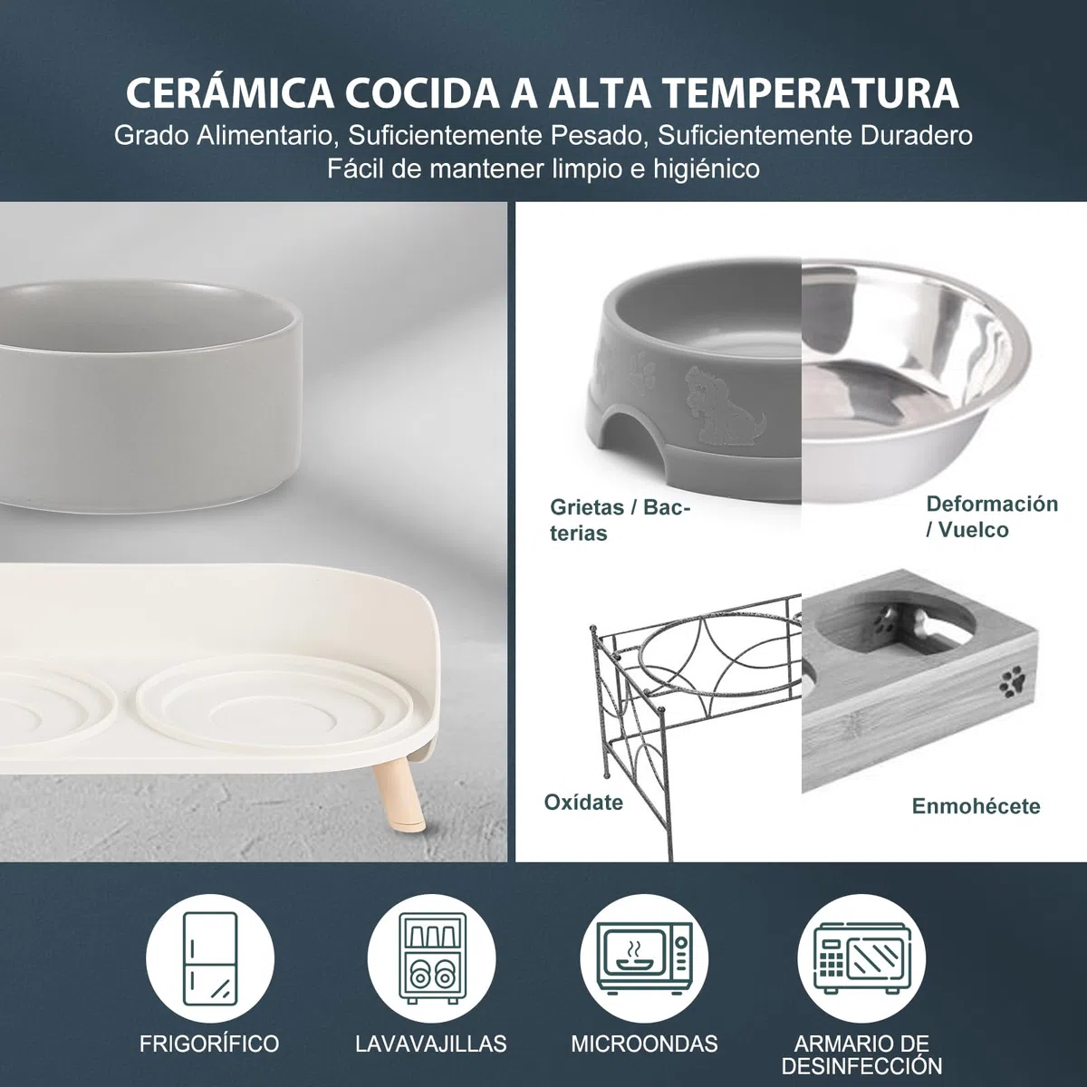 Comedero y Bebedero Elevado para Perros - Cuencos Dobles de Cerámica con Soporte Antisalpicaduras para Comida y Agua - Ideal para Gatos y Perros Pequeños - 2 x 320 ml - Gris