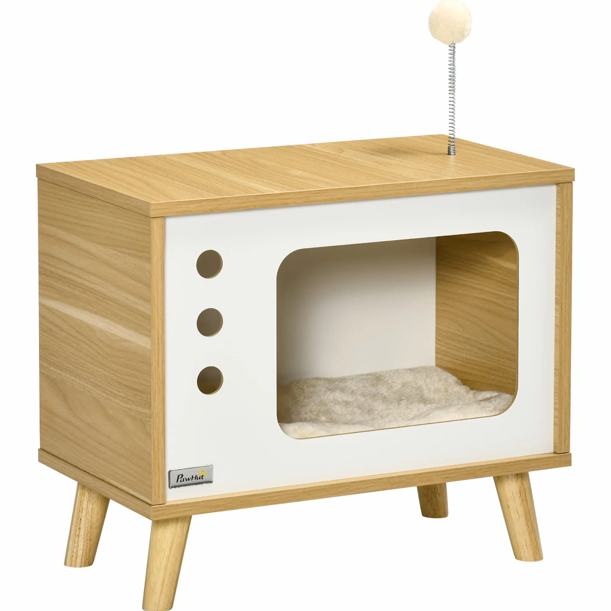 Pawhut Cama Cueva de Gatos Estilo Televisor Casa para Gatos con Cojín Suave Lavable Bola Divertida y Patas Elevadas 50x28x43 cm Roble