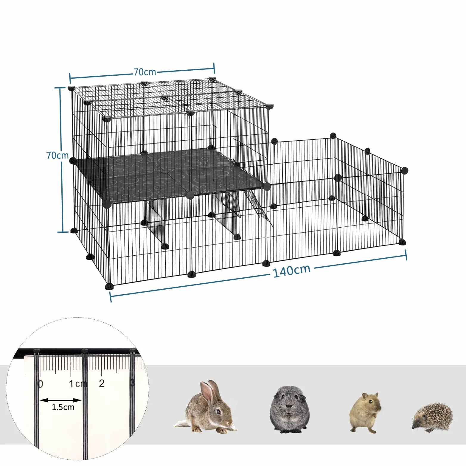 EUGAD Jaula para Animales Pequeños, Parque para Mascotas con Puerta, Valla de Metálica Modulare 30 Paneles, Interior Recinto DIY Parque para Animales Pequeños (35x35cm/panel) Negro 140x70x70cm