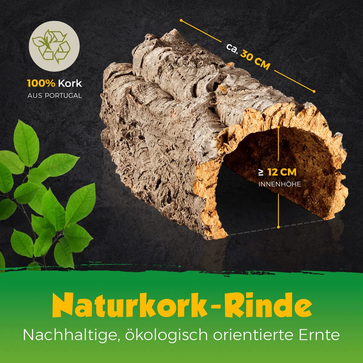 Kork-Deko Corteza de Corcho: Cueva de Corcho (Medio Arco) Parte Inferior Abierta, 30 cm, Altura Interior Aprox. 12 cm