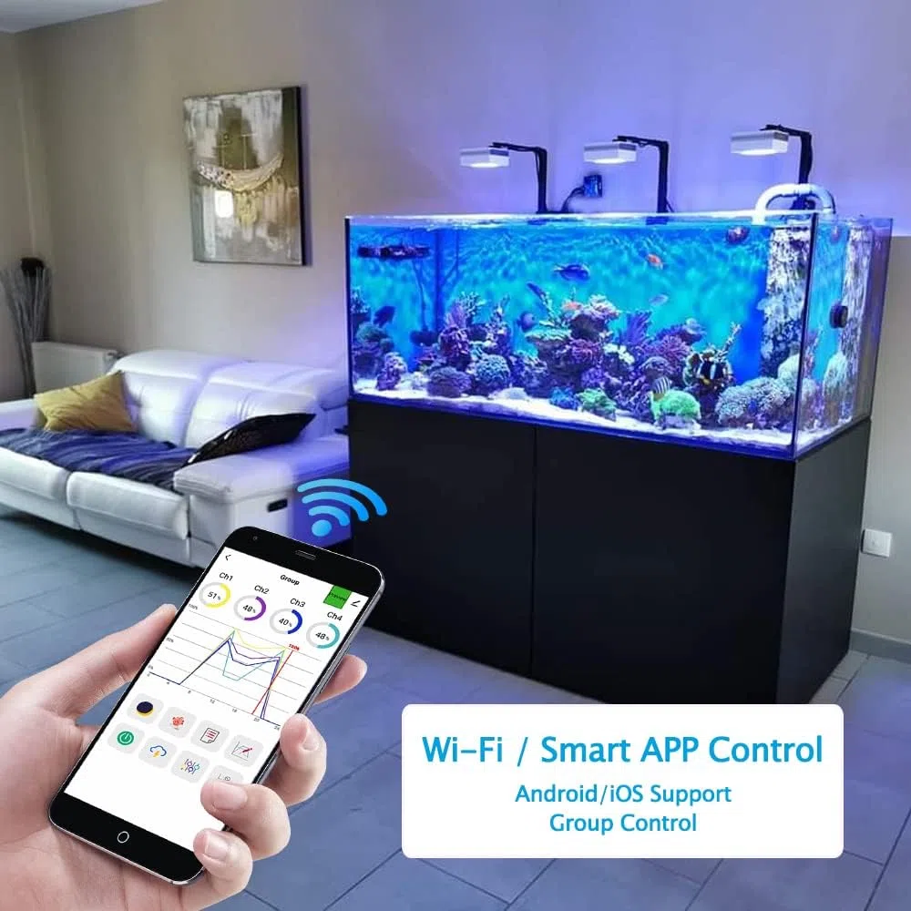 PopBloom RL90 WiFi luz led Acuario Marino, lampara Acuarios Pantalla led Acuario Coral, Luces para acuarios (1 lámpara con kit para colgar)