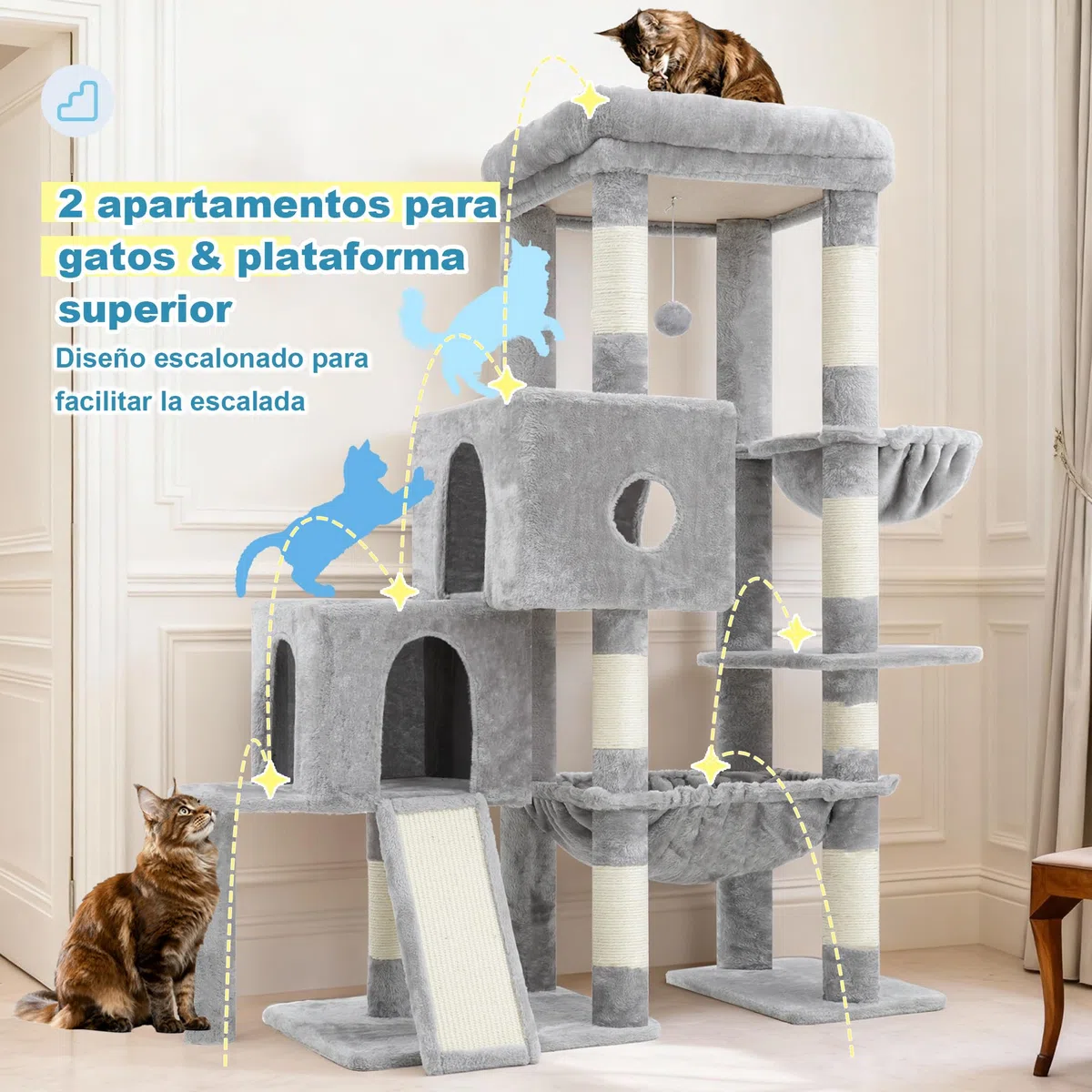Hey-brother Árbol para Gatos, Rascador para Gatos con una Gran Plataforma, Estructura escalonada, con 2 nidos para Gatos, una Hamaca espaciosa, un rascador de sisal y una Cesta, Gris Claro MPJ071W