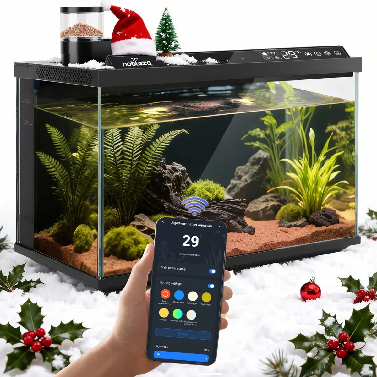 Nobleza Acuario Inteligente 30L con Control por App, Triple Filtración, Alimentación Remota y Drenaje Automático de un Toque – Color Negro