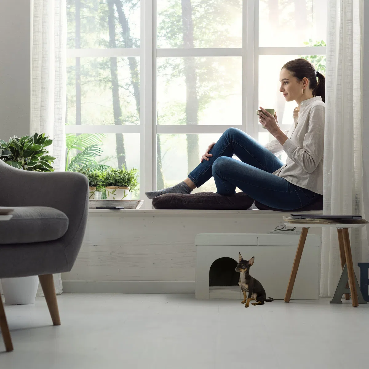 Relaxdays Casa Gato con Banco Rectangular, Cueva Gatito Plegable, Escondite Perro, Robusta, MDF, 38,5x74,5x37 cm, Beige