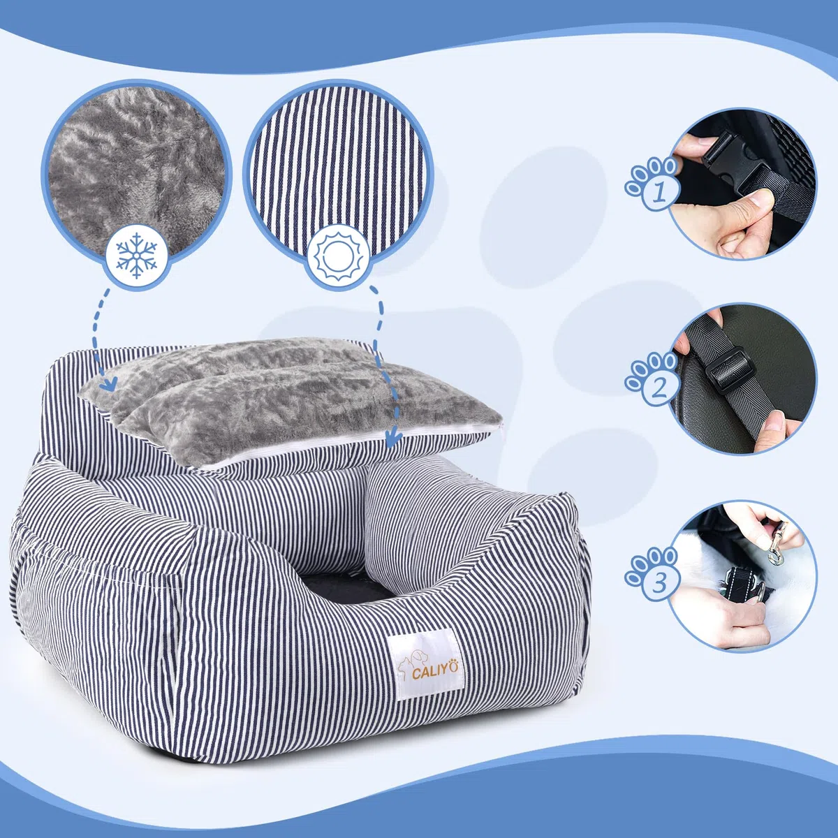 CALIYO Asiento de Coche para Perros, cinturón de Seguridad – Asiento de Coche Lavable en Azul/Blanco para Perros pequeños, medianos y Grandes, Asiento Trasero de Coche, Cama para Perros, Cesta para