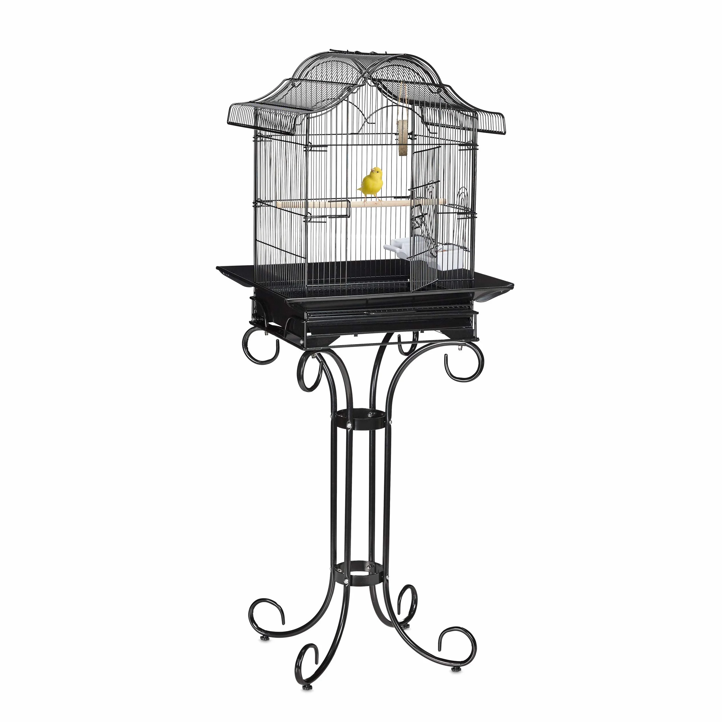 Relaxdays Jaula Pájaros Pedestal, Canarios, Pinzones, Percha, Comedero, Pajarera Aves Exóticas, 146,5x55x50 cm, Negro