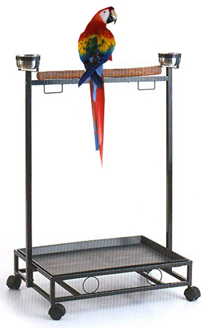 Soporte grande de hierro forjado para loros y pájaros, bandeja extraíble fácil de limpiar, percha, gimnasio de juego, patio de juegos, tazas de alimentación de acero inoxidable, soporte rodante sobre