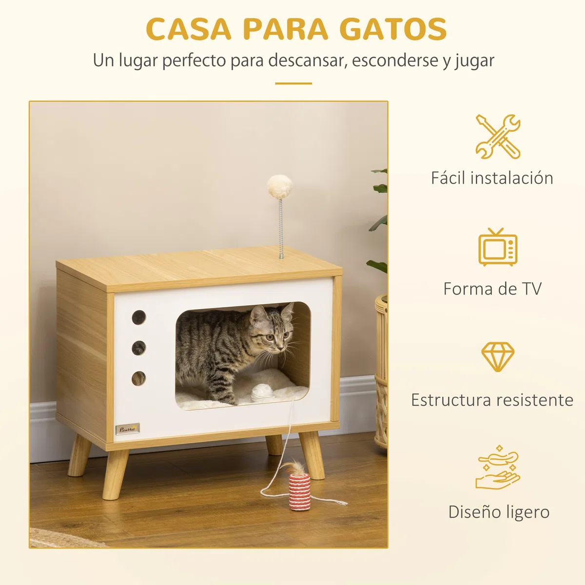 Pawhut Cama Cueva de Gatos Estilo Televisor Casa para Gatos con Cojín Suave Lavable Bola Divertida y Patas Elevadas 50x28x43 cm Roble