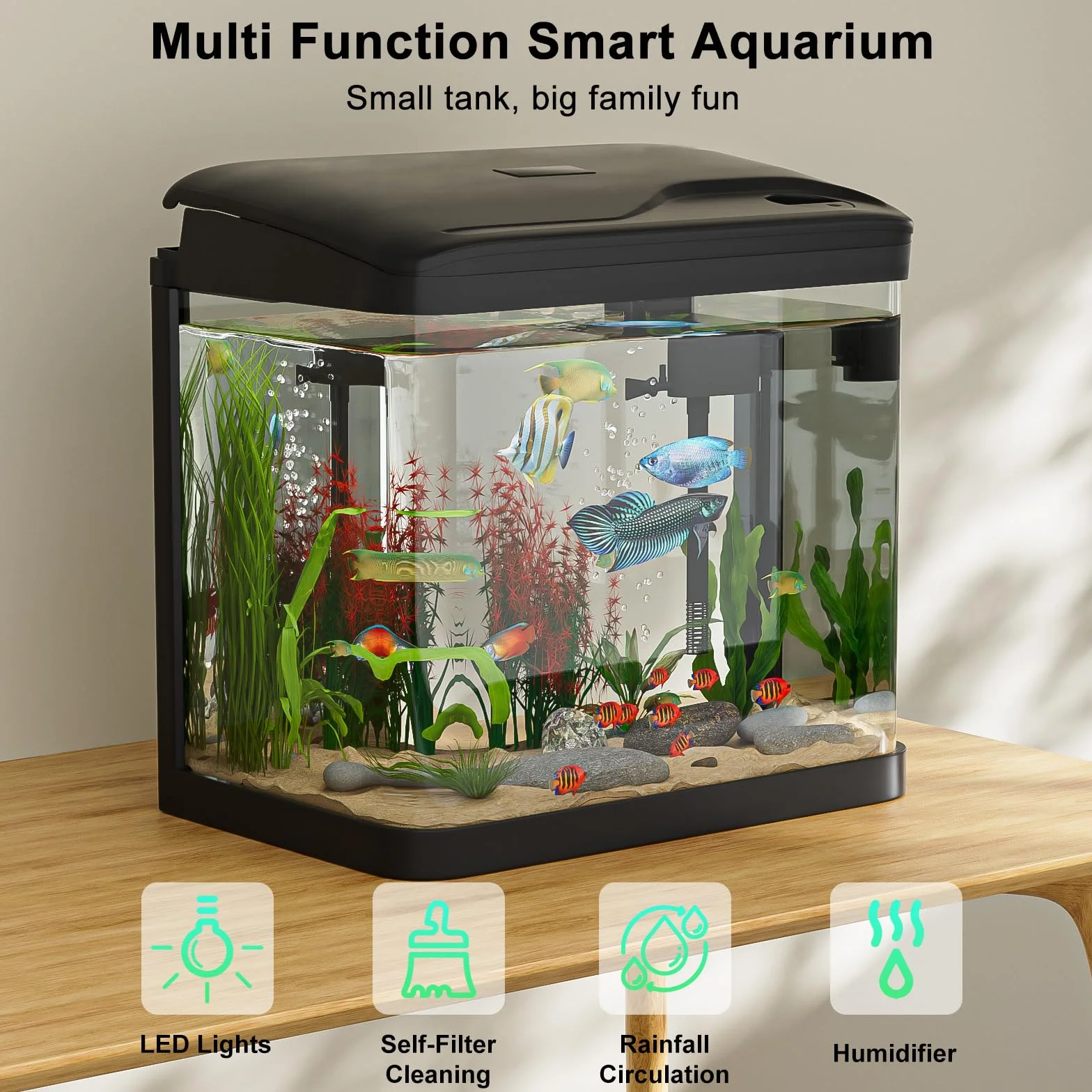 Acuario de Cristal, GuKKK Acuarios y Peceras Completas,Pecera con Sistema de Filtrado Integrado e Iluminación LED,Bajo Ruido y Silencioso,Acuarios de Iniciación, Negro (6L)