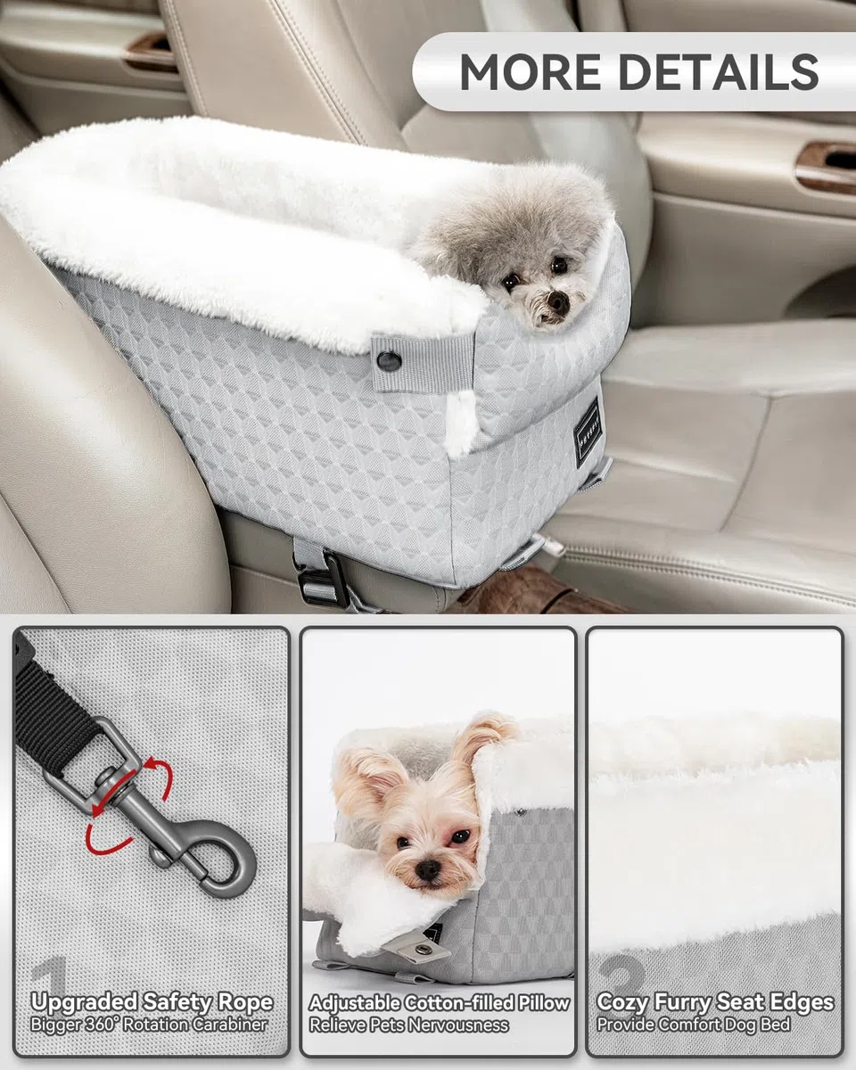 Petsfit Asiento de Perro de Consola de Centro de Coche para Perros Pequeños Gatos, Silla de Coche para Perro con Cinturones de Seguridad Mejorados, Lavable para Perros Pequeños de hasta 5KG