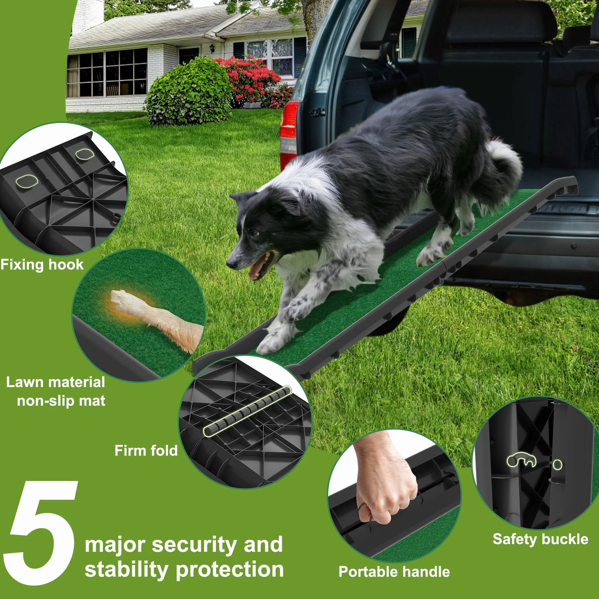FIVMEN Rampa para perros plegable para coche, escaleras para perros, antideslizante, hasta 90 kg, 156 x 40 cm, rampa para perros, para SUV, grandes animales pequeños, con césped