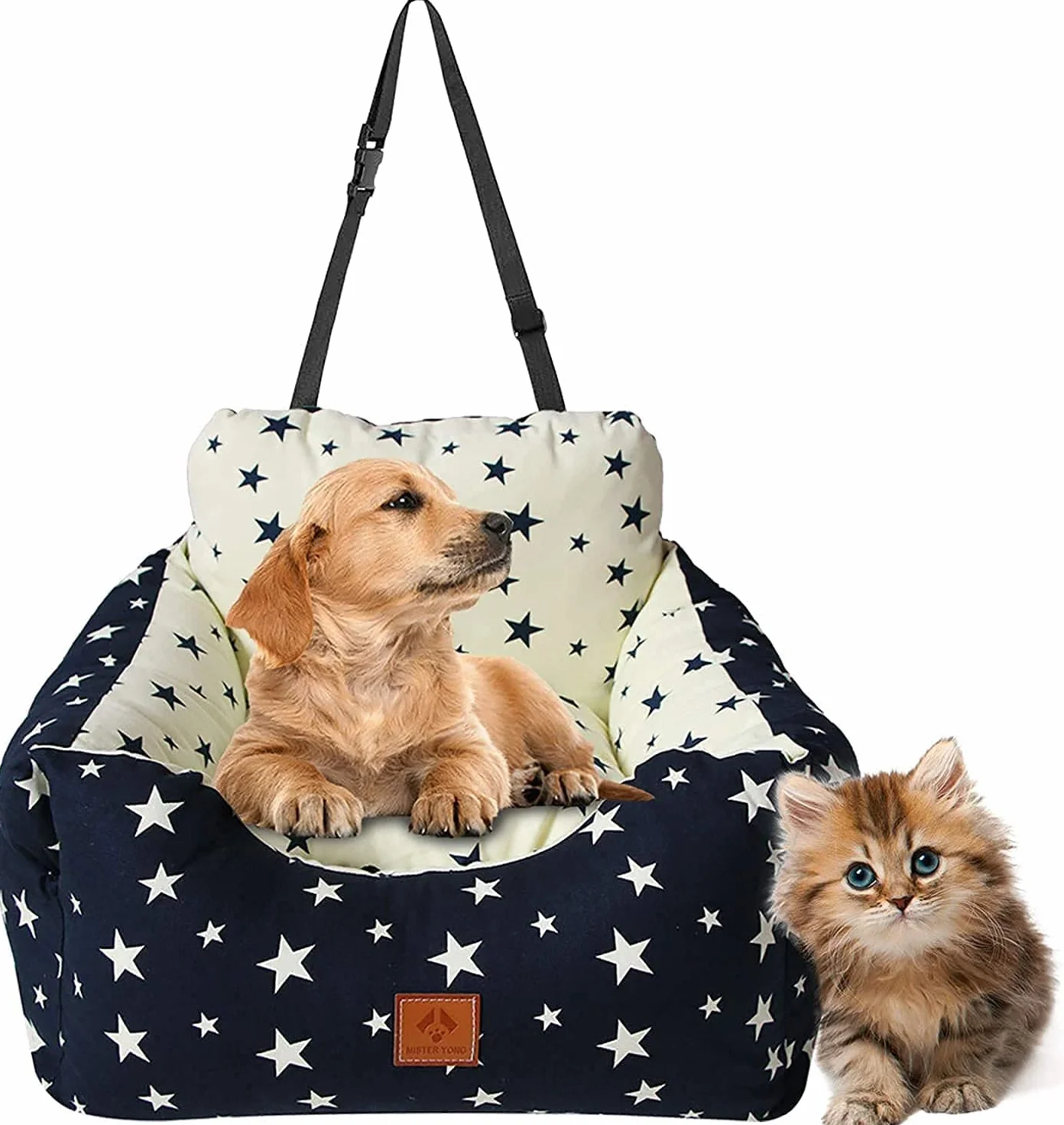 Asiento Perro Coche Pequeño Mediano,Asiento Elevador de Coche para Perros y Gatos,Asiento de Seguridad para Mascotas con Bolsa de Almacenamiento de Arnés, se Puede Desmontar (Beige, Medio)