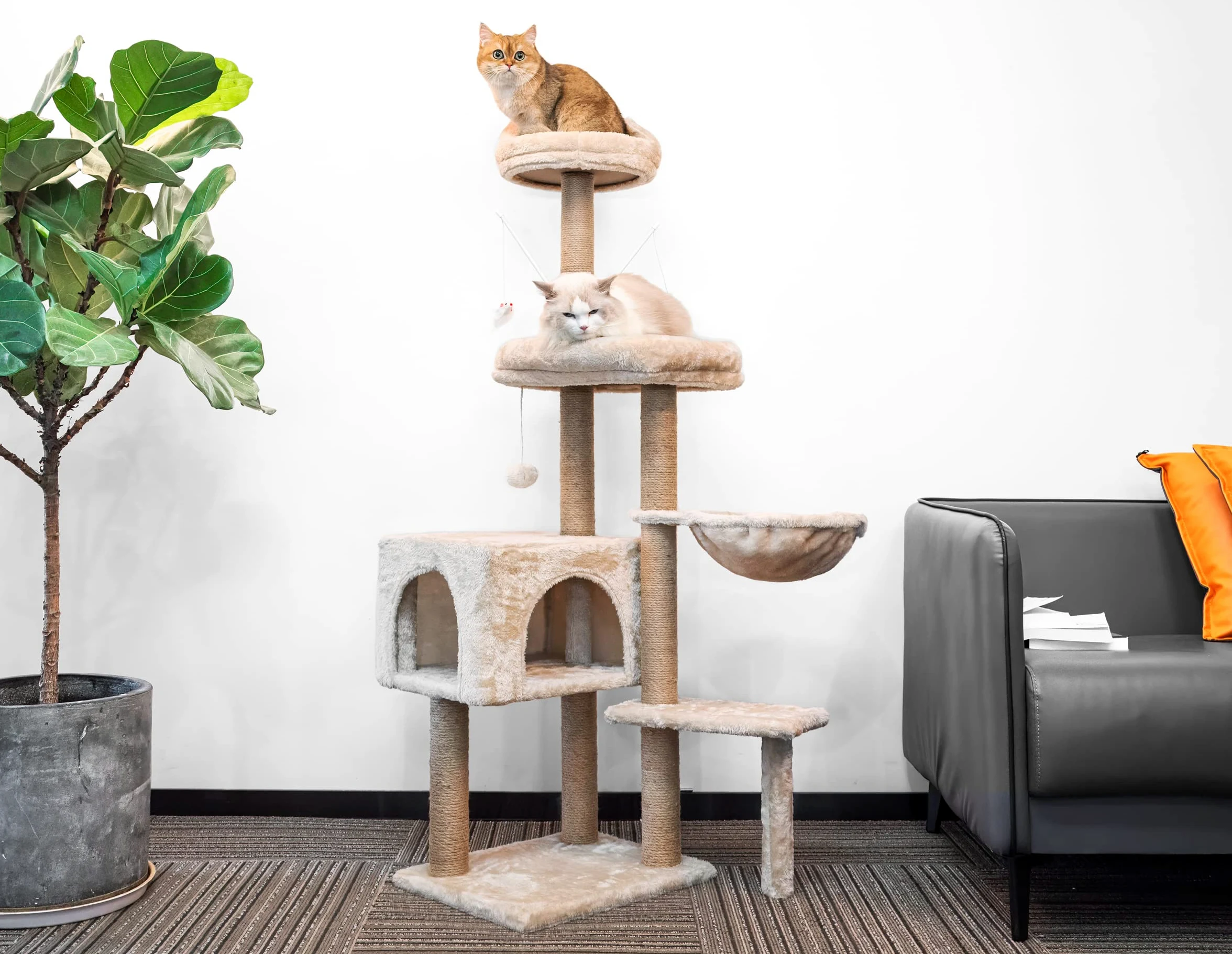HOMIDEC Árbol Rascador para Gatos, 145cm, Torre de Escalada Estable con Varios Niveles, Actividades para Gatos con 7 Postes de sisal, 5 Plataformas, 2 nidos