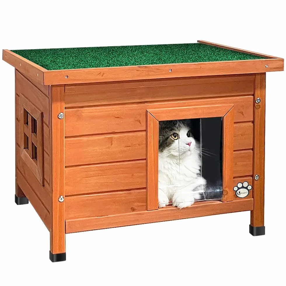VOUNOT® Casa para Gatos de Madera con Techo Asfáltico, Cabaña Mascotas Caseta Pequeña de Gatos con Ventana y Puerta 57x45x43cm