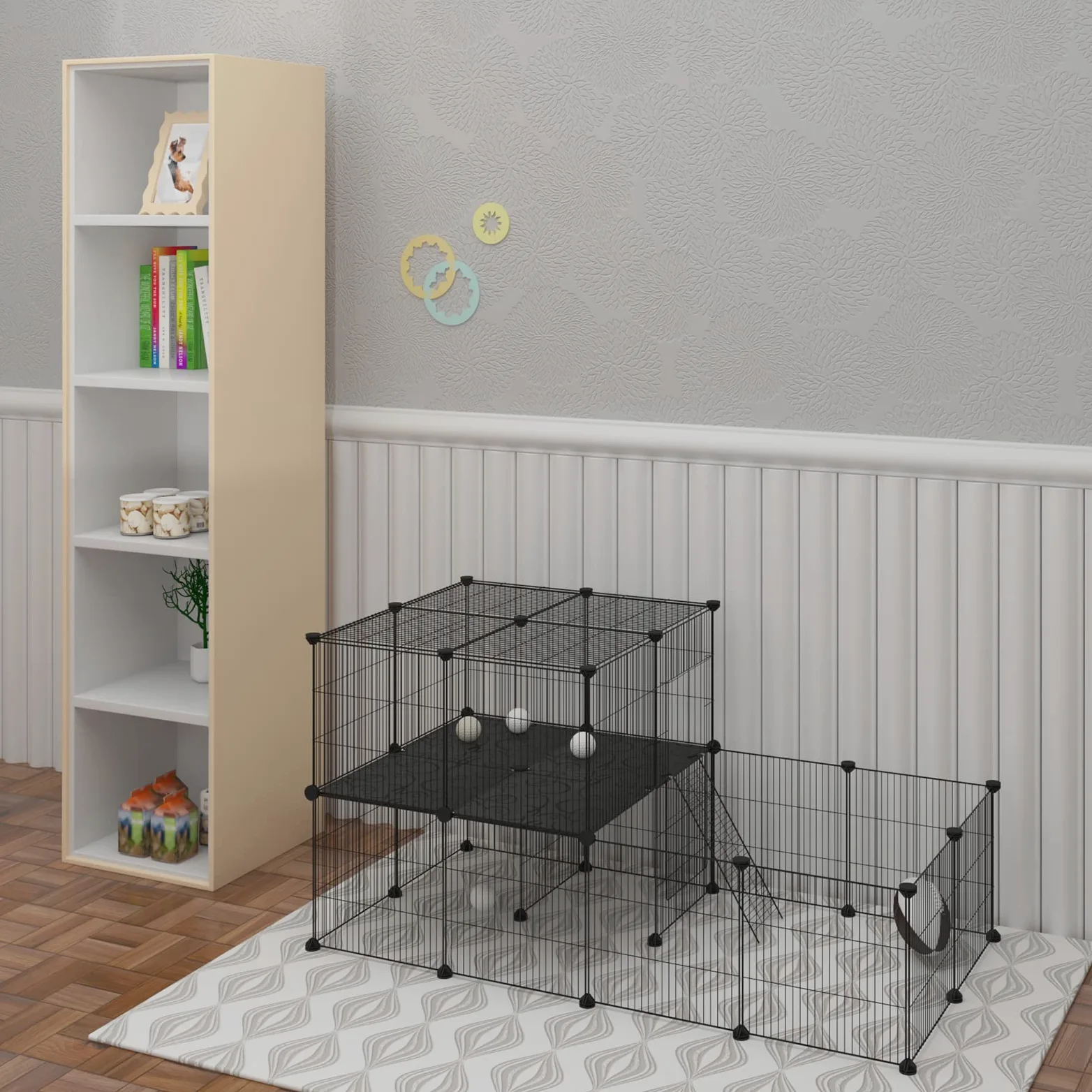 EUGAD Jaula para Animales Pequeños, Parque para Mascotas con Puerta, Valla de Metálica Modulare 30 Paneles, Interior Recinto DIY Parque para Animales Pequeños (35x35cm/panel) Negro 140x70x70cm