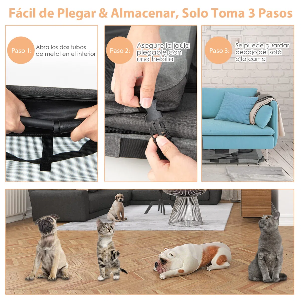 COSTWAY Transportín con Ruedas para Mascotas, Caseta Plegable con Correa para el Hombro, Cojín Extraíble, Bolsa de Almacenamiento, 3 Entradas, Transportador de Mascotas, Gris, 82 x 59 x 67 cm