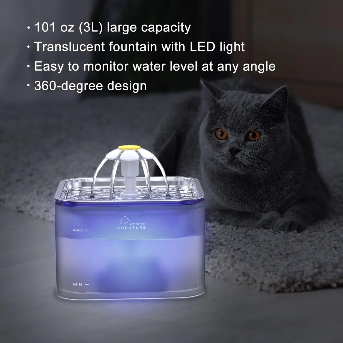Fuente de agua de cristal para gatos, de acero inoxidable, 3 L, fuente para mascotas con luz LED para gatos y perros (gris)
