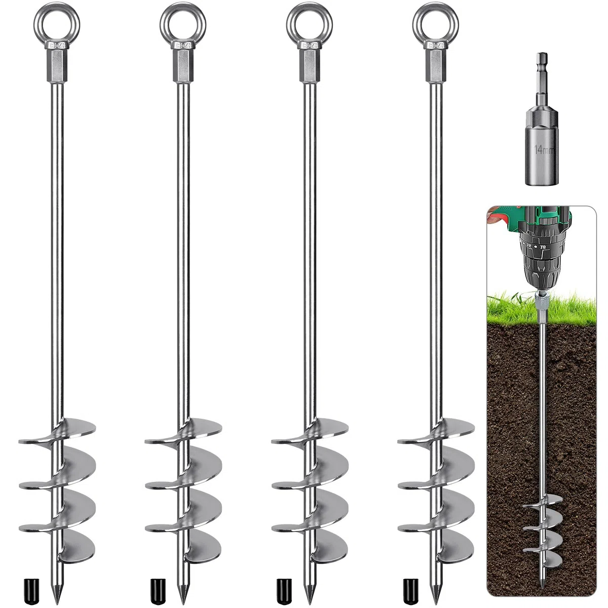 BeneLabel Estaca para Tienda De Campaña De Alta Resistencia, 61cmTornillo Anclaje Al Suelo Estaca para Trampolín 4pcs Punta Tormenta Viento para Columpio/Camping/Cobertizo/Toldo Anillo Fijo, Plata